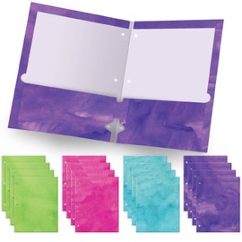 Global Printed Products Deluxe Designer Pocket Folders, Letter Size, 3-Hole Punched, 4 Patterns, 16/pk (Watercolor Solid)