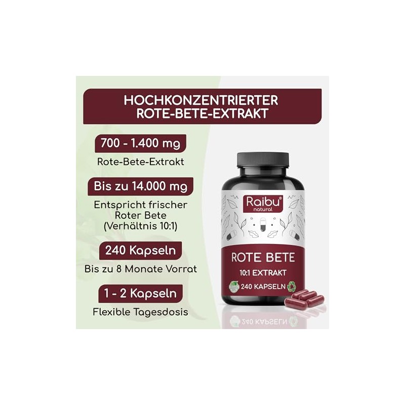 RAIBU Beetroot Capsules - High Dose Natural Nitrates, 240 Vegan