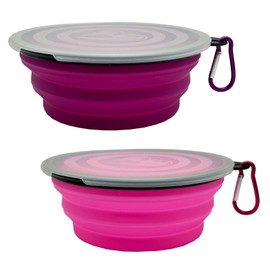 Medium Collapsible Dog Bowl 23oz,2 Pack Portable and Foldable Pet Travel Bowls with 2 Carabiners & Lids for Dogs Cats and Small Animals (Purple+Pink, 650ml)
