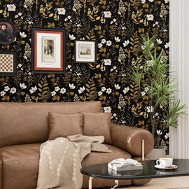Black Gold Floral Wallpaper Peel and Stick Dark Leaf Contact Paper 17.4" x 393" Waterproof Self-Adhesive Vintage Wall Paper Wall Covering for Bedroom Countertop Desk Cabinets Decor Renter Friendly