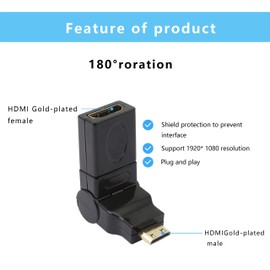 GELRHONR Swivel Angle Mini HDMI to HDMI Adapter, 90 180 360 Degree Rotating and Swivel Twist Mini HDMI Male to HDMI Female Converter Gold Plated 3D 2K for Camera, Camcorder, DSLR, Tablet, Video Card