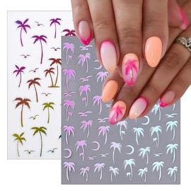 8 Sheets Tropical Palm Tree Nail Stickers Coconut Tree Stickers Multicolor Gradient Design Birds Moon Summer Beach Sliders for Manicure Decoration for Women