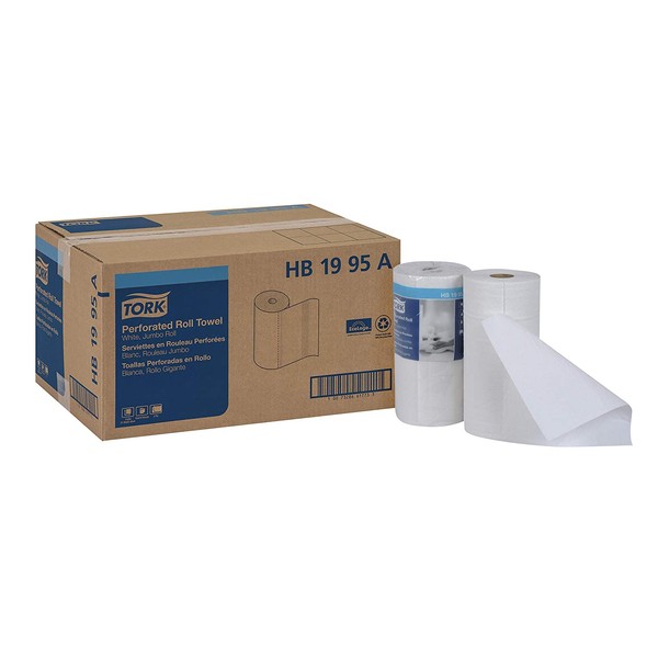 Tork HB1995A Jumbo Roll Perforated Paper Towel, Jumbo Roll, White, Universal, 2-Ply, Case of 12 Rolls, 210 per Roll, 2,520 Towels