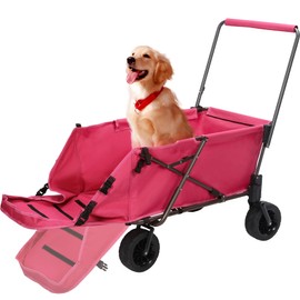 REDCAMP Folding Utility Heavy Duty Wagons Carts with Extendable Rear and Wheels, 220L Adjustable Collapsible Dog Wagon Cart Foldable with Tailgate for Camping Shopping Sports Gardeing Fishing, Pink