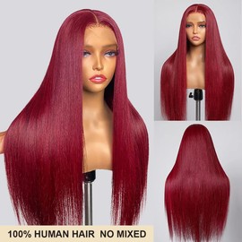 AUOU 99j Burgundy Lace Front Wigs Human Hair 13x4 HD Lace Front Wigs Human Hair Pre Plucked Wine Red Colored Straight Human Hair Wigs for Black Women 200% Density Glueless Lace Frontal Wigs 22 Inch
