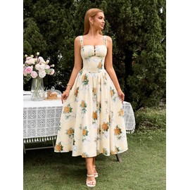 KUTUMAI Women Summer Lace Square Neck Midi Dress Corset Smocked Flowy A Line Beach Wedding Guest Dresses with Pockets YellowFlower M