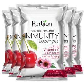 Herbion Naturals Immunity Lozenges - Zinc, Vitamin-C & Echinacea - 5 Packs, 25ct Each - Delicious Cherry Flavor - For Adults & Kids 6+