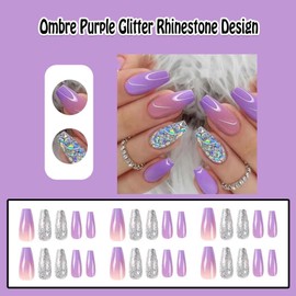 ANDGING Ombre Purple Press on Nails Short Medium Coffin Fake on Nail for Women with Glitter Rhinestone Design Acrylic False Nails Manicure Press on Nail Stick on Nails for Wedding 24Pcs