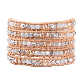 KELITCH Classic Crystal Beads Charm Wrap Bracelets Genuine Leather 5 Layered New Jewelry (Khaki)