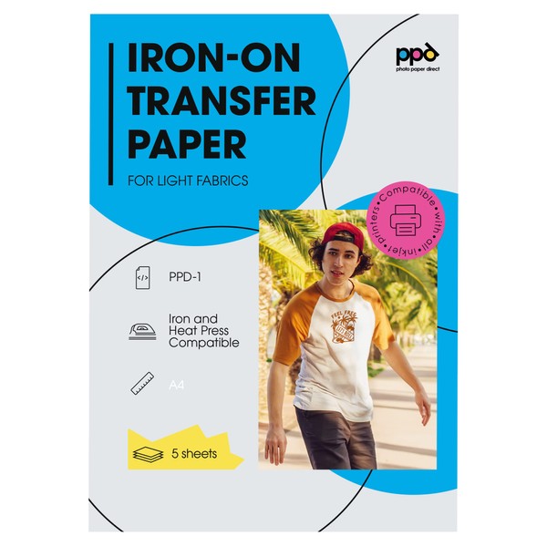 PPD Inkjet Premium T Shirt Transfer Paper A4 for Light and White Fabric X 5 Sheets PPD-1-5