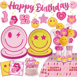 Wellspar 186pcs Preppy Birthday Decorations for Girls, Smiley Face Birthday Decorations Include Thick Plates 2 Tablecloths Banner Ballons for Girls Party, Y2k Tableware Set Serves 25