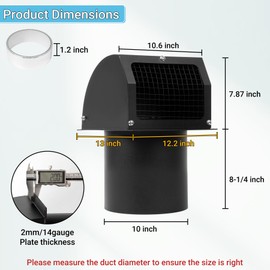 Neoaider 10 Inch Hooded Wall Vent with Screen, Damper, 8-1/4" Length Duct, 14 Gauge Steel Vent Covers for Wall, Wall Vent Cover for Residential Housing and Industrial Facilities Air Exhaust, Black