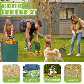 JOYHALO 65 Inch Rake for Leaves, 25 Tines Metal Leaf Rake Set with 32 Gallon Leaf Bags Scoops, Garden Rakes 18in Wide, Rakes for Gardening Lawns Yard Outdoor Camping Shrub Grass Bush