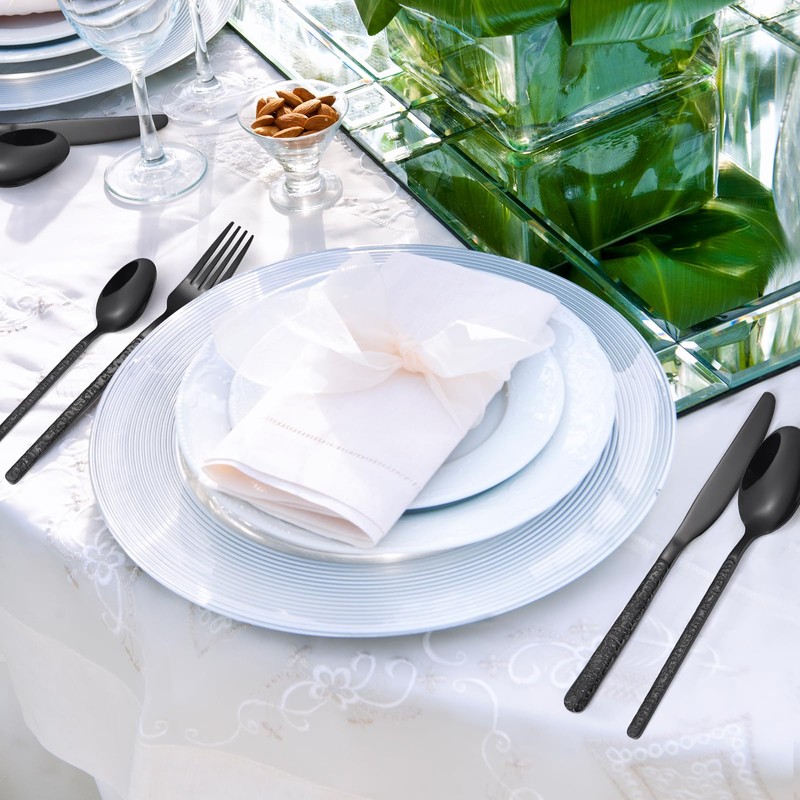 24 Pcs Black Hammered Silverware Set Service for 6,Stone Pattern