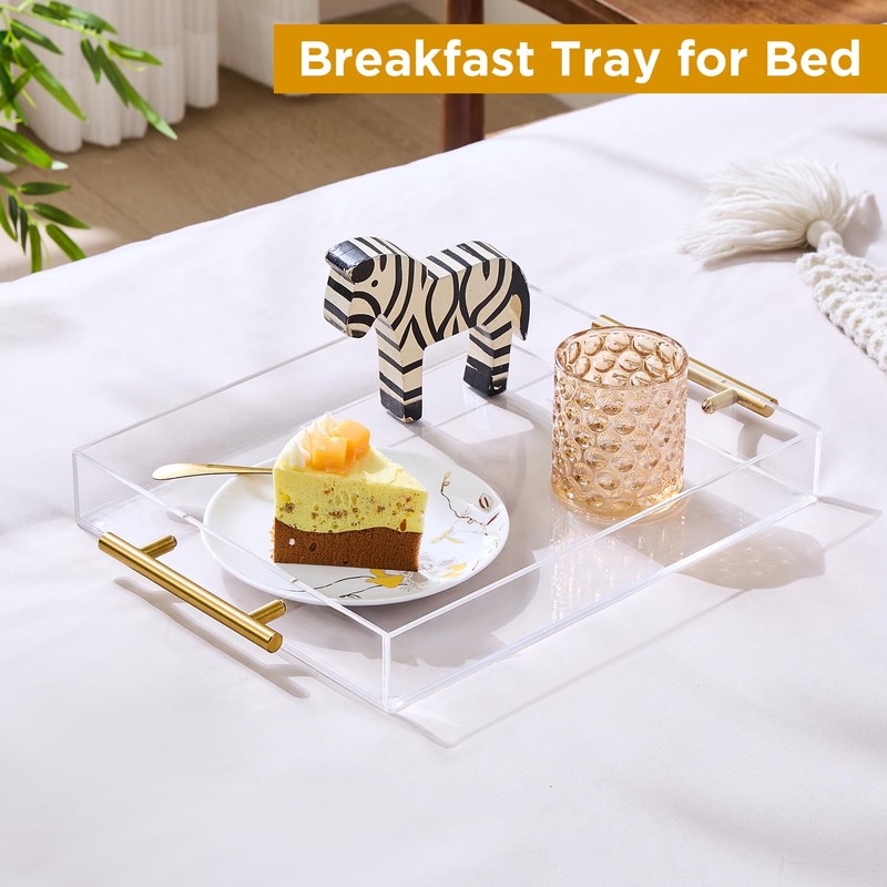 11"x14" Clear Acrylic Serving Tray with Golden Handles, Sturdy Huge