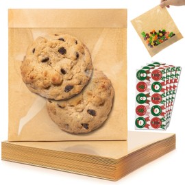 200 Pack Self Sealing Cookie Bags with Seal, 5.9x6.5 Inch Paper Bakery Bags with Window, Grease Resistant To Go Sleeves for Packaging Donut, Snack, Scone, Brownie, Included 200 Christmas Stickers