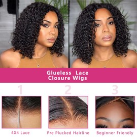 Wigs for Women Human Hair Pre Plucked Deep Wave 4x4 Lace Closure Wigs 12 Inch Deep Curly Bob Wig Human Hair Wigs with Baby Hair Wear and Go Glueless Wigs for Black Women Natural Black