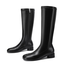 Cuctos Women Fashion Knee High Stretched Leather Boots Split Toe Round Block Heels Tabi Shoes Side Zipper Black Mid Calf Boots(Black,women,9)
