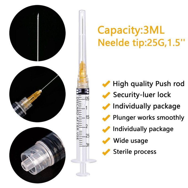 Hyinghw 50Pack 3ml/cc Luer Lock with 25Ga 1.5” Individual Wrapped