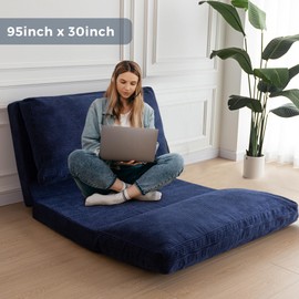 MAXYOYO Bean Bag Bed Folding Sofa Bed Floor Mattress for Adults, Extra Thick and Long Floor Sofa with Corded Washable Cover, Navy, 30x95 Inch