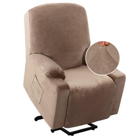 H.VERSAILTEX Rich Velvet Stretch Recliner Slipcovers 1 Piece Electric Power Lift Recliner Chair Cover Fitted Standard Large Power Lift Recliner with Side Pocket, Soft and Thick (Single Seat, Taupe)