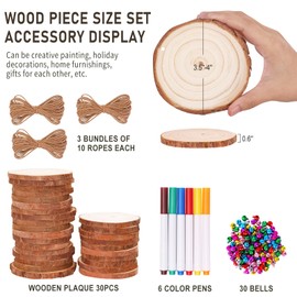 Max Fun Natural Wood Slices 30PCS 3.5-4'' Crafts DIY Wooden Christmas Ornaments Unfinished Predrilled Round Wood Circles for Arts and Crafts Centerpieces Holiday Hanging Decorations
