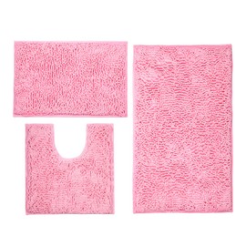 LanYunUmi Pink 3 Pieces Bathroom Rugs, Ultra Soft Non Slip Absorbent Chenille Toilet Bath Mat Set Rugs for Slip-Resistant Shag Extra and Rug Shower Room Machine (Pink, 20"x32"+17"x24"+20"x20"U)