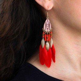 Yheakne Bohemian Red Feather Tassel Earrings Ethnic Dangle Earrings Tribal Feather Drop Earrings Indian Ethnic Chandelier Earring Dream Catcher Earring Jewelry for Women (Red)