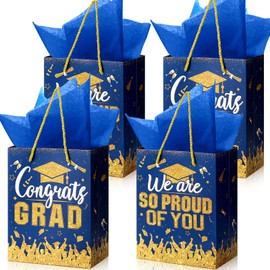 TaoBary 12 Pcs Graduation Gift Bags with Tissue Paper Graduation Party Favor Bag with Handles Class of 2024 Grad Party Paper Bags Grad Goodie Bags Bulk for Congrats Grad Party Supplies(Blue Gold)