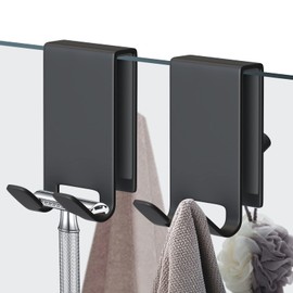 KITHOLD Shower Door Hooks, Triple Hooks Design Towel Hooks, Stainless Steel Over Door Hook, 2 Pcs Heavy Duty Hooks for Bathroom Glass Door Shower Door (Black)