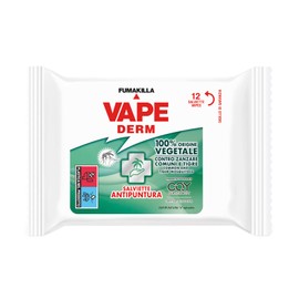 Vape, Vape Derm, 12 Salviette Antipuntura, Repellenti Zanzare con Ingredienti 100% di Origine Vegetale, Proteggono da Zanzare Comuni, Tigre,Altri Insetti, Efficaci per 4 h