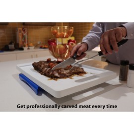 Karving King Deluxe Dripless Cutting Board 3 in 1 System Non-Slip Feet & Spikes Hold Food in Place while Carving Juice Groove Fills Drip Collection Drawer for Gravy & Digital Meat Thermometer - Blue