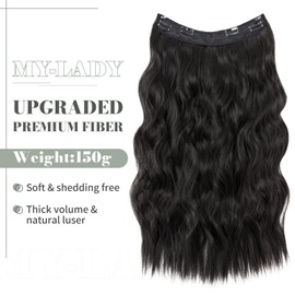 MY-LADY Invisible Wire Hair Extensions with Transparent Headband Adjustable Size 4 Secure Clips in Hair Extensions Long Wavy Synthetic Hairpiece for Women 24 Inch Natural Black