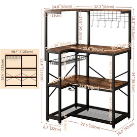 L-Shaped Bakers Rack with Power Outlet,4-Tier Corner Microwave Stand with Storage,Coffee Bar Station with 6 Hooks, Kitchen Shelf with 2 Installation Methods,for Living Room,Office,Rustic Brown