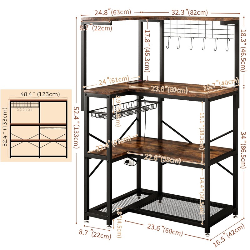 L-Shaped Bakers Rack with Power Outlet,4-Tier Corner Microwave Stand with