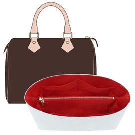 OAikor Purse Organizer Insert Compatible with lv Speedy 25/Monogram Bags and More, Light Waterproof DupontPaper Bag Insert Shaper Protector for Women Tote Handbags, 11 Pockets with Zip(White&Red, M)