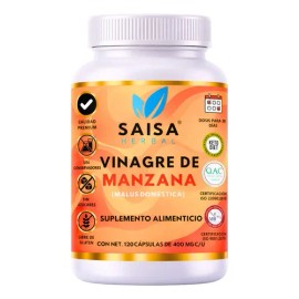 Vinagre de Manzana Orgánico 120 Cáps SAISA HERBAL | Suplemento Natural | Digestión, Antioxidante y Apoyo Metabólico | 100% Puro
