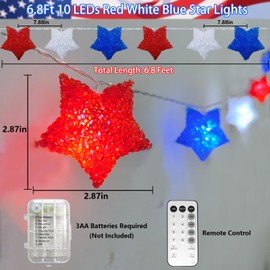 4th of July Decorations Red White and Blue Star Lights 6.8Ft 10 LED 3D Star Patriotic Lights with Timer, Fourth of July String Light for Indoor Outdoor Memorial Day Independence Day Party Home Decor