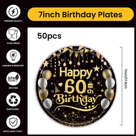 EVYIENEN 50Pcs 60th Birthday Party Paper Plates,7inch Disposable Black and Gold Dessert Party Plates Party Decorations for Men Woman 60th Happy Birthday Wedding Party Supplies