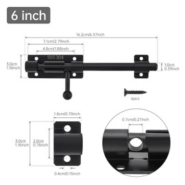 HOJLKLD Slide Bolt Gate Latch, 6 Inch 304 Stainless Steel Barrel Bolt Latch with 8 mm Padlock Hole, 10 mm Bolt Heavy Duty Black Sliding Latch Lock