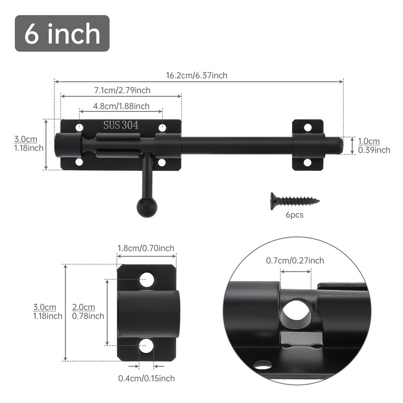 HOJLKLD Slide Bolt Gate Latch, 6 Inch 304 Stainless Steel