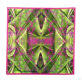 Neptune Marbling Women's Silk Square Scarf – Hand-Designed Marbled Print, Green, Yellow & Pink with Bold Pink Border