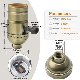 DiCUNO 2-Pack 3-Way Lamp Socket Replacement, UL Listed, E26 Screw Base Lamp Holder with Turn Knob Switch for Low, Medium and High Settings, Repair Kit for DIY Project, Floor Lamp, Champagne Gold