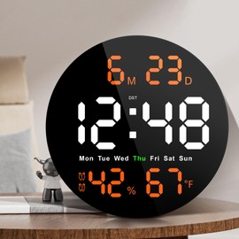 Brauthon Digital Wall Clock for Classroom, Garage, Game Room, Large Digital Wall Clock with Large Display, Date, Countdown Timer, Remote Control, Temperature, Electric (Orange)