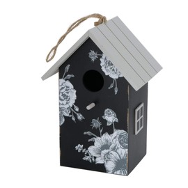 CasaJame Wooden Bird House for Balcony and Garden, Nesting Box, House for Birds, Bird House, Black with Rose Motif, 15 x 12 x 22 cm