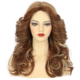 karlery Women 70s Feathered Wig Long Brown Wave Disco Wig Singer Highlight Dyed Wig Vintage Costume Wig for Party Fashion Accessory