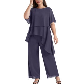 Hanna Nikole Plus Size Chiffon Pant Suits for Women Casual Dressy Pants Set Formal Sets with Half Sleeves Charcoal Gray 3XL