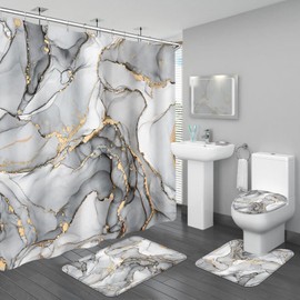 BayNook 4PCS Grey Marble Bathroom Sets with Shower Curtain and Rugs, Abstract Shower Curtain Sets with Rugs, Gold Bathroom Curtains Shower Set with Toilet Lid Cover Accessories