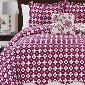 Serenta Printed Paisley Flower 4 Piece Reversible Quilted Coverlet Set, King Purple