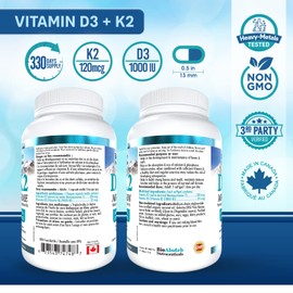 Vitamin D3 1000 IU + Vitamin K2 MK-7 (120 mcg). 330-Day Supply Of Vitamin D3 K2. Organic Coconut Oil Base For Optimal Absorption of K2 D3 Vitamin Supplement (330 Softgels of Vitamin D K2)